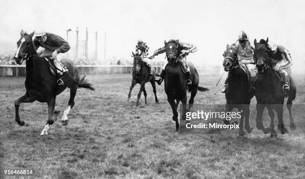 Just Bodkin ridden by Geoff Littlwood winning the Killingworth Stakes at Gosforth Park from Star Minstrel and Light of the Highroad 30th March 1939.
