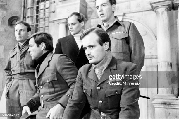 Colditz, Photo-call for new BBC television series, actors pose for the cameras on first day of filming, Ealing Studios, London, 19th June 1972....