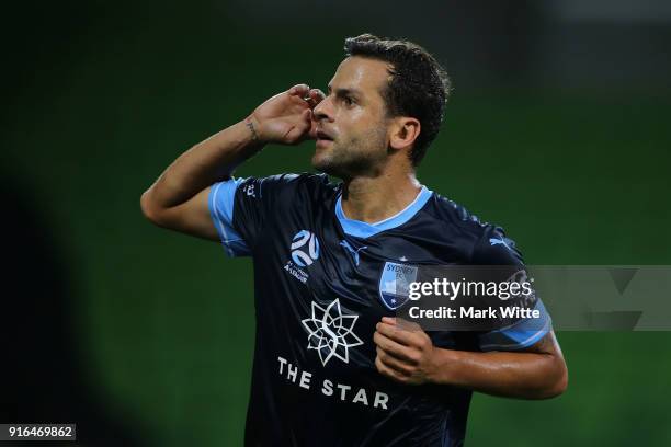 Bobô of Sydney FC celebrates a goal from a penalty kick during the round 20 A-League match between Melbourne City and Sydney FC at AAMI Park on...