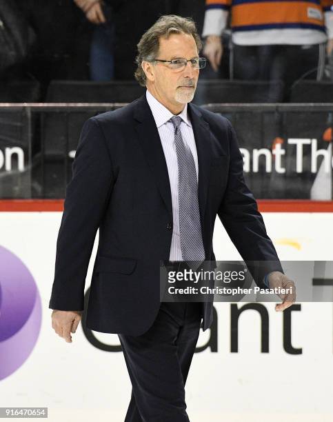 Head coach John Tortorella of the Columbus Blue Jackets walks off the ice after being defeated by the New York Islanders 4-3 at Barclays Center on...