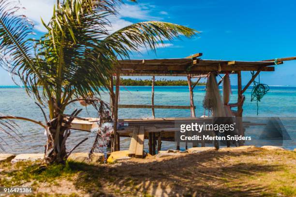 primitive fishermen hut along lagoon shore - polynesien bildbanksfoton och bilder