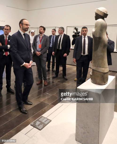 French Prime Minister Edouard Philippe tours the Louvre Abu Dhabi Museum on February 10 on Saadiyat island in the Emirati capital, to launch the...