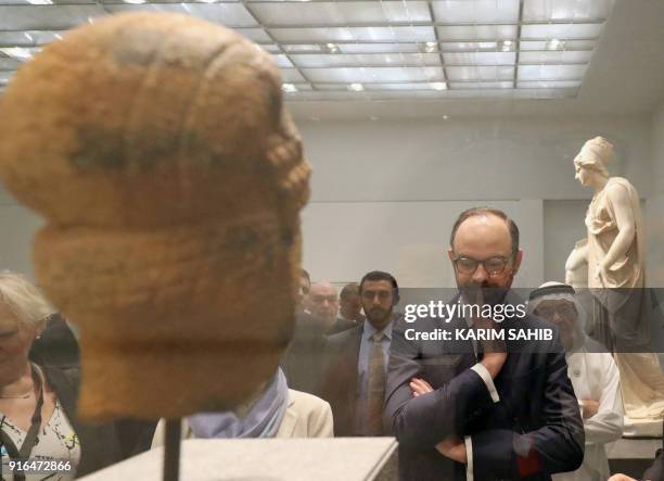 French Prime Minister Edouard Philippe tours the Louvre Abu Dhabi Museum on February 10 on Saadiyat island in the Emirati capital, to launch the...