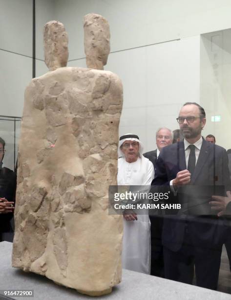 French Prime Minister Edouard Philippe tours the Louvre Abu Dhabi Museum on February 10 on Saadiyat island in the Emirati capital, to launch the...