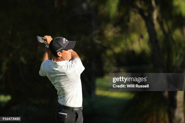 Anthony Quayle of Australia plays his second shot on the 3rd play off knockout 18th hole during day three of the World Super 6 at Lake Karrinyup...