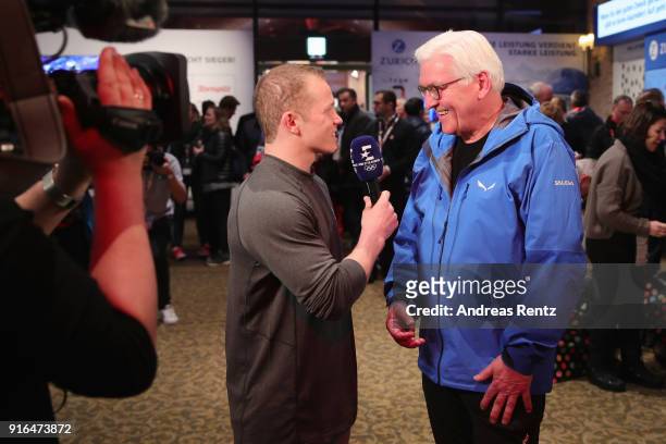 German President Frank-Walter Steinmeier is interviewed by former German athlete Fabian Hambuechen at the German House on day one of the PyeongChang...