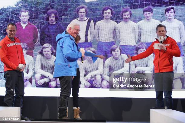 German President Frank-Walter Steinmeier stands in front of a picture, it shows him as soccer player in his youth career at the German House on day...