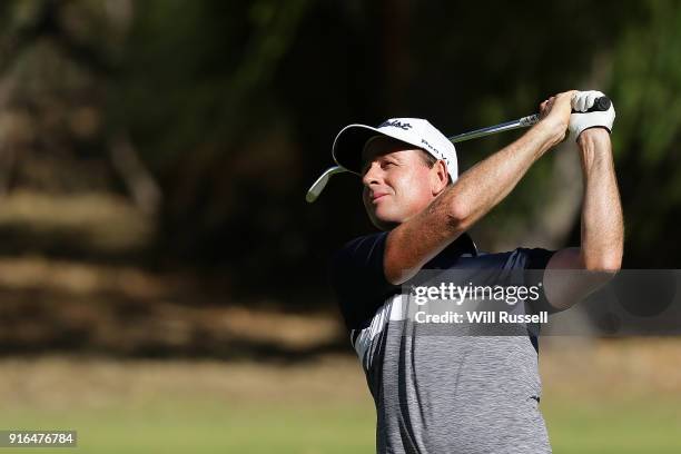 Brett Rumford of Australia plays his second shot on the 16th hole during day three of the World Super 6 at Lake Karrinyup Country Club on February...