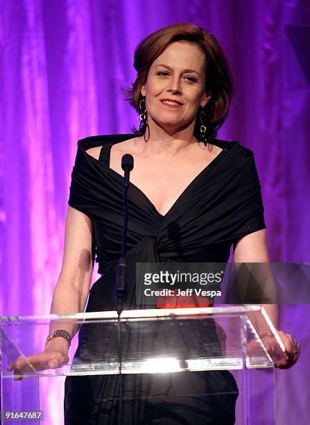 Honoree actress Sigourney Weaver speaks at Variety's 1st Annual Power of Women Luncheon at the Beverly Wilshire Hotel on September 24, 2009 in...