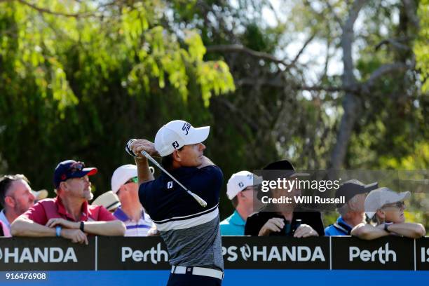 Brett Rumford of Australia takes his tee shot on the 17th hole during day three of the World Super 6 at Lake Karrinyup Country Club on February 10,...