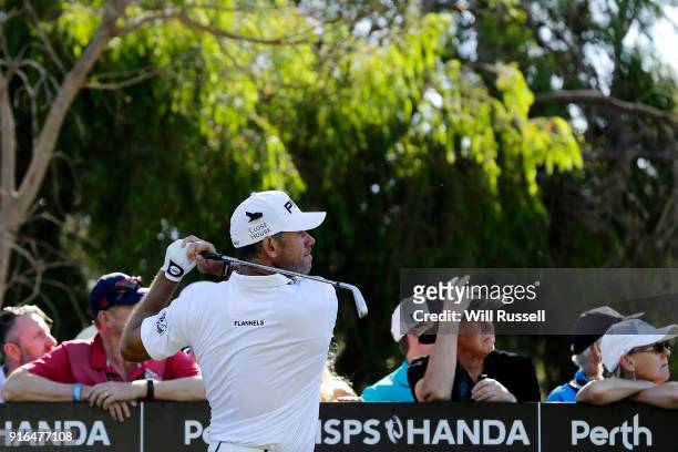 Lee Westwood of England takes his tee shot on the 17th hole during day three of the World Super 6 at Lake Karrinyup Country Club on February 10, 2018...
