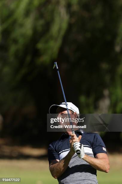 Brett Rumford of Australia plays his second shot on the 16th hole during day three of the World Super 6 at Lake Karrinyup Country Club on February...