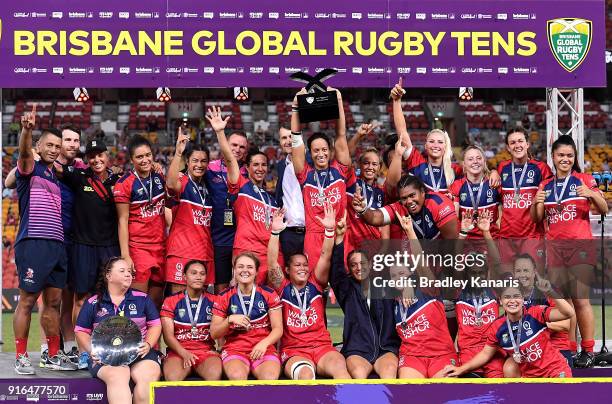 The Queensland Reds Women's team celebrate victory after defeating the New South Wales Blues in the grand final at Suncorp Stadium on February 10,...