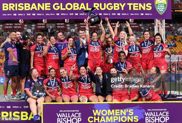 The Queensland Reds Women's team celebrate victory after defeating the New South Wales Blues in the grand final at Suncorp Stadium on February 10,...