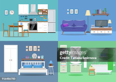 House Interior Kitchen Living Room Bedroom Bathroom Flat Style Vector ...