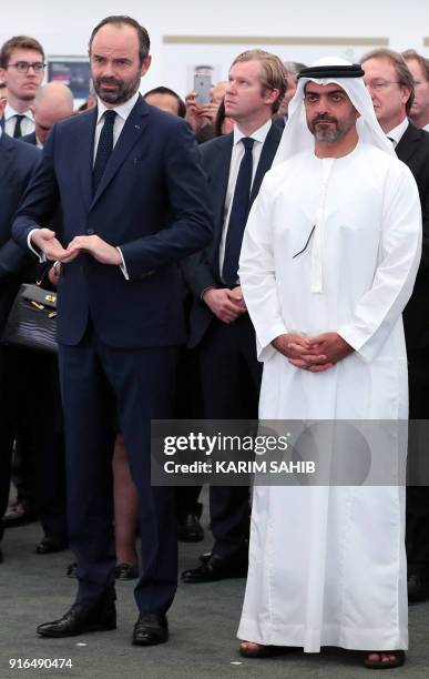 French Prime Minister Edouard Philippe poses with Shiekh Hamed Bin Zayed Al Nahyan, CEO of Abu Dhabi Investment Authority, during inauguration of BNP...