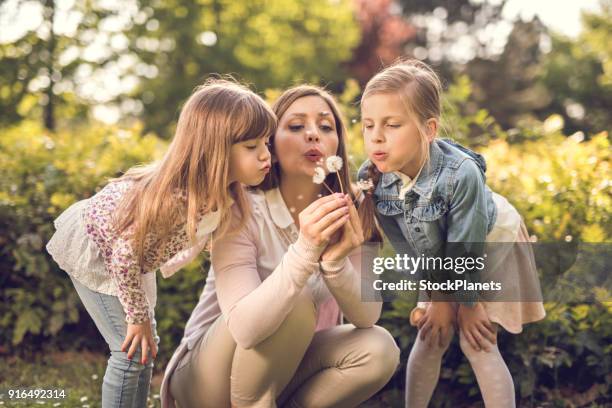 mutter bläst bei löwenzahn mit zwei kleinen töchtern - frühling pollen stock-fotos und bilder