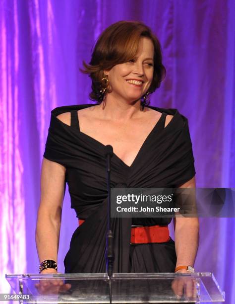 Honoree actress Sigourney Weaver speaks onstage during Variety's 1st Annual Power of Women Luncheon at the Beverly Wilshire Hotel on September 24,...
