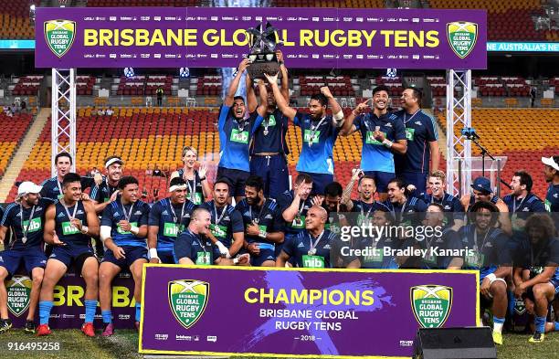 The Blues celebrate victory after defeating the Hurricanes in the 2018 Global Tens Men's Grand Final match between the Blues and Hurricanes at...