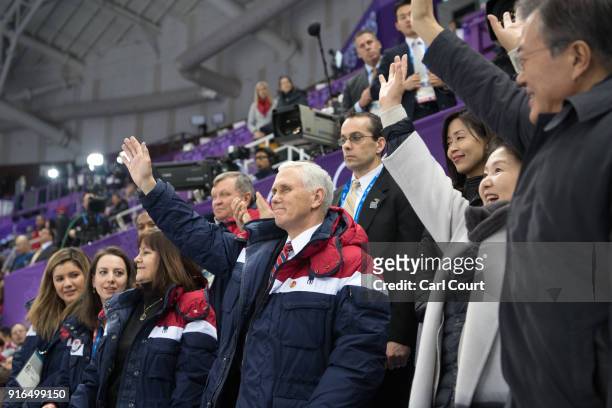 United States Vice President Mike Pence , his wife Karen , President of South Korea Moon Jae-in and Kim Jung-sook, the wife of President Moon, wave...