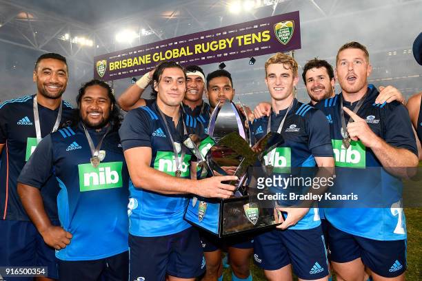 The Blues players celebrate victory after defeating the Hurricanes in the 2018 Global Tens Men's Grand Final match between the Blues and Hurricanes...