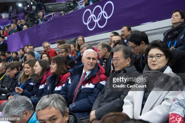 United States Vice President Mike Pence , his wife Karen ; President of South Korea Moon Jae-in and Kim Jung-sook , the wife of President Moon, watch...