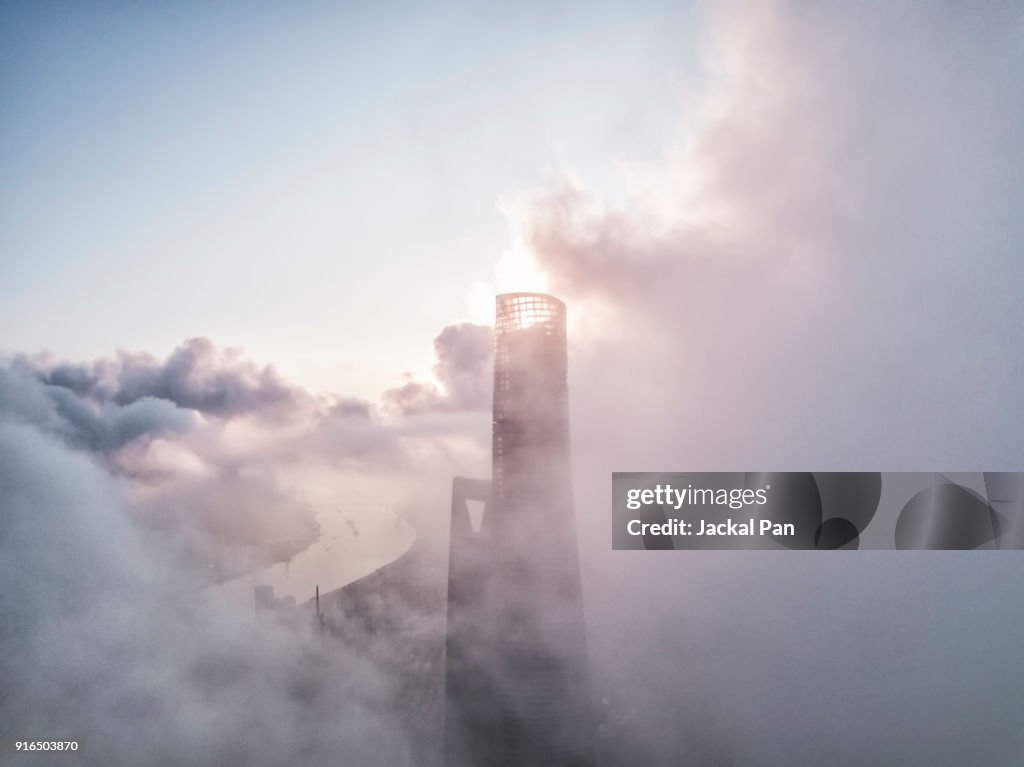 Aerial View of Shanghai Lujiazui Financial District in Fog