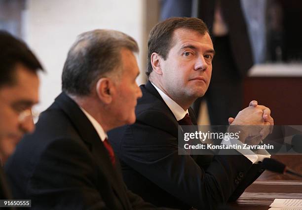Russian President Dmitry Medvedev attends a plenary meeting of the leaders during the Commonwealth of the Independent States Summit October 2009 in...