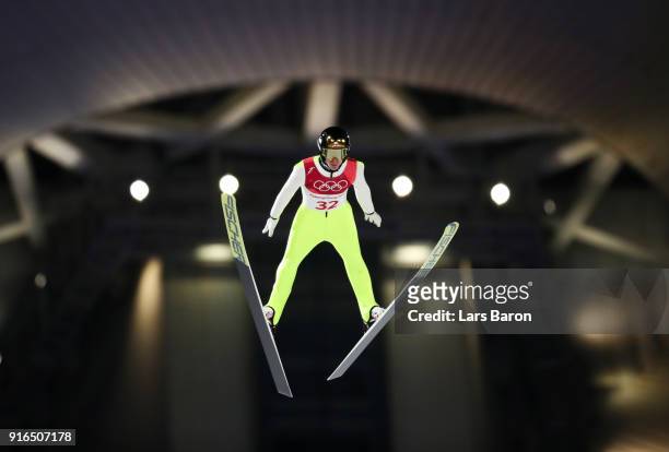 Michael Hayboeck of Austria makes a trial jump during the Ski Jumping - Men's Normal Hill Individual Final on day one of the PyeongChang 2018 Winter...