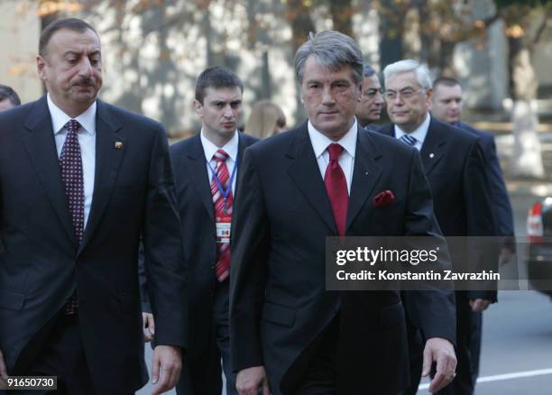 Ukraine's President Viktor Yushchenko and Azerbaijan's President Ilham Aliyev arrive for a plenary meeting of the Commonwealth of the Independent...