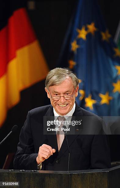 German President Horst Koehler holds a speech during the formal ceremony in the Gewandhaus musical hall on October 9, 2009 in Leipzig, Germany. On...