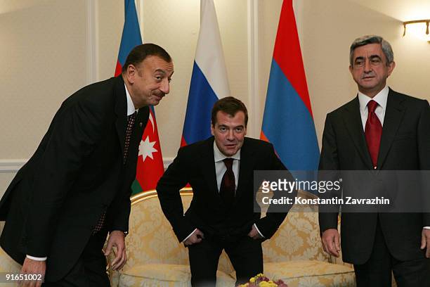 Azerbaijan's President Ilham Aliyev, Russian President Dmitry Medvedev and Armenia's President Serg Sargsyana attend a plenary meeting of the...