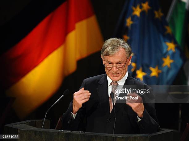 German President Horst Koehler holds a speech during the formal ceremony in the Gewandhaus musical hall on October 9, 2009 in Leipzig, Germany. On...