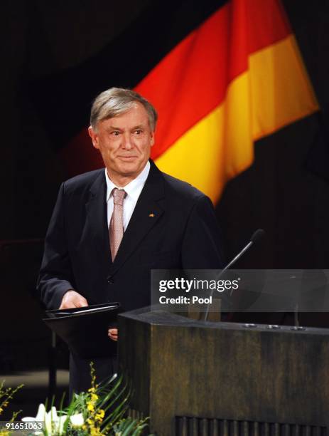 German President Horst Koehler holds a speech during the formal ceremony in the Gewandhaus musical hall on October 9, 2009 in Leipzig, Germany. On...