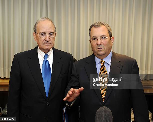 In this handout image provided by the U.S. Embassy Tel Aviv, US Special envoy to the Middle East, Senator George Mitchell and Israeli Minister of...