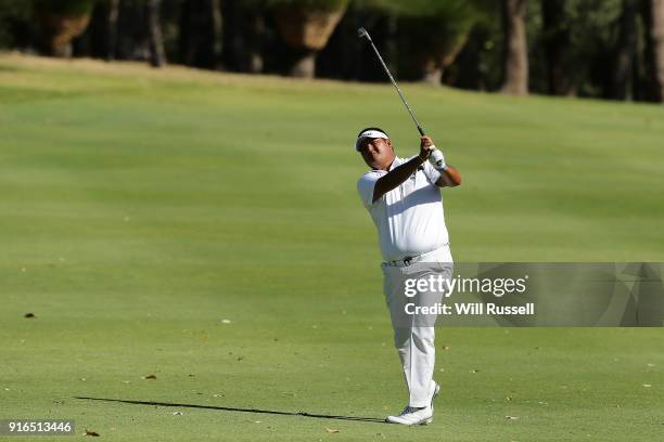 Prom Meesawat of Thailand plays his second shot on the 16th hole during day three of the World Super 6 at Lake Karrinyup Country Club on February 10,...