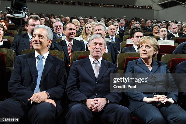 Prime Minister of Saxony Stanislaw Tillich, German President Horst Koehler and German Chancelor Angela Merkel attend the formal ceremony in the...