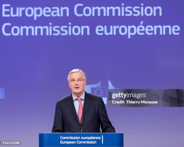 European Chief Negotiator for the United Kingdom Exiting the European Union Michel Barnier gives a press briefing at the end of a round of...