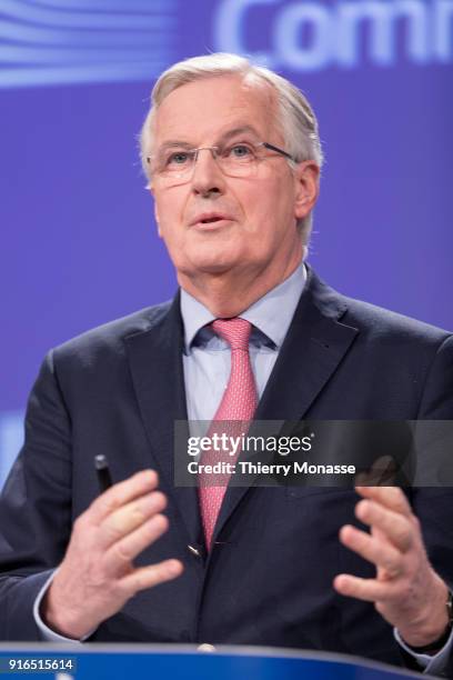 European Chief Negotiator for the United Kingdom Exiting the European Union Michel Barnier gives a press briefing at the end of a round of...