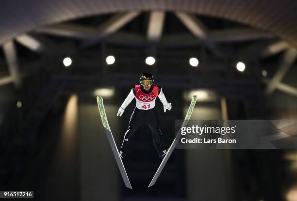 JMarkus Eisenbichler of Germany makes a trial jump during the Ski Jumping - Men's Normal Hill Individual Final on day one of the PyeongChang 2018...