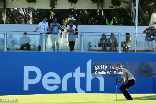 Anthony Quayle of Australia lines up a putt on the 18th hole during the 2nd play off knockout round during day three of the World Super 6 at Lake...