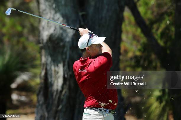 Marcus Fraser of Australia plays his second shot on the 6th hole during day three of the World Super 6 at Lake Karrinyup Country Club on February 10,...