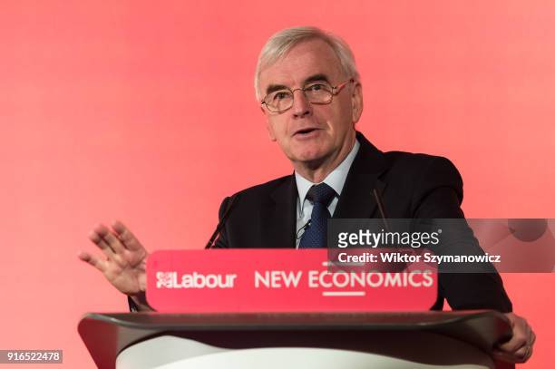 Shadow Chancellor John McDonnell addresses a Labour Party conference in central London on alternative models of ownership in the economy in the wake...
