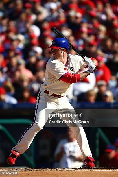 Chase Utley of the Philadelphia Phillies bats against the Colorado Rockies in Game One of the NLDS during the 2009 MLB Playoffs at Citizens Bank Park...