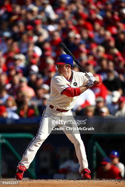 Chase Utley of the Philadelphia Phillies bats against the Colorado Rockies in Game One of the NLDS during the 2009 MLB Playoffs at Citizens Bank Park...