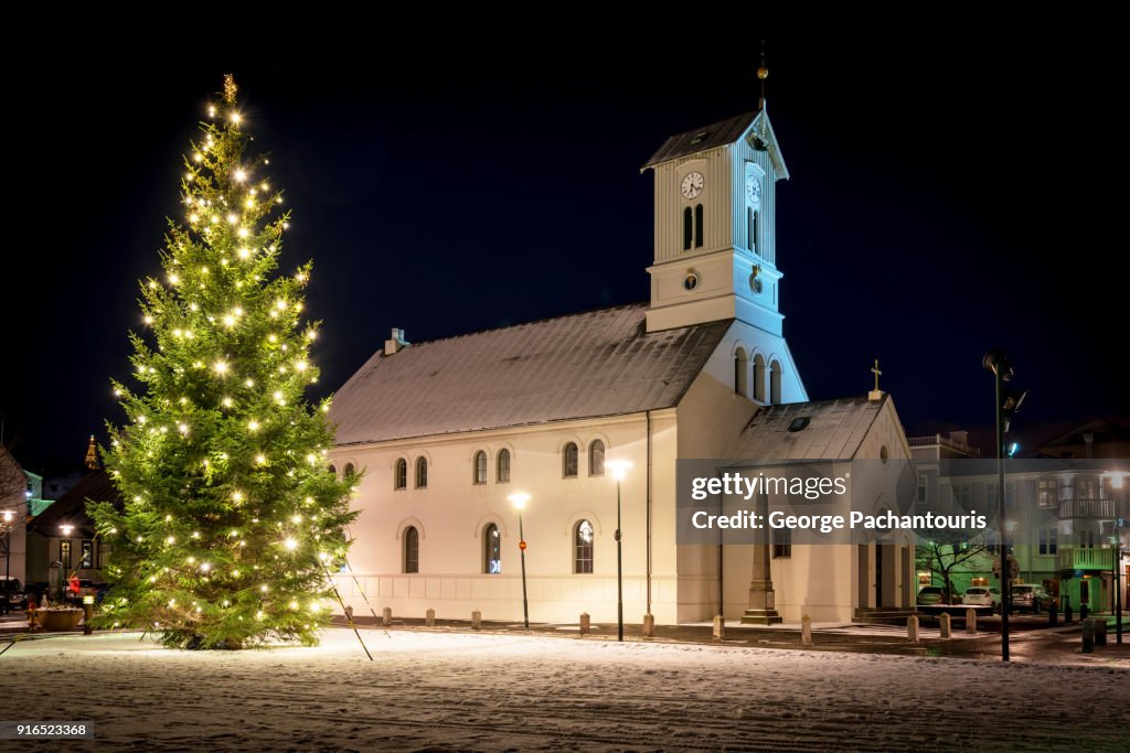 Church and Christmas tree