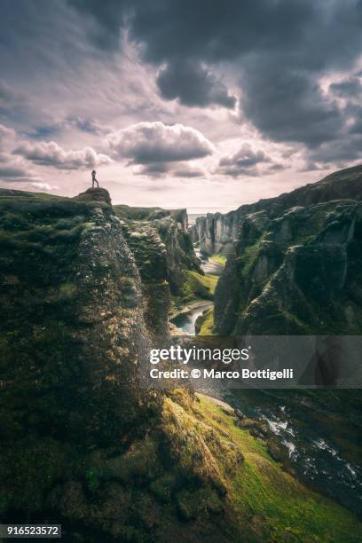 woman on top of the fjadrargljufur canyon, iceland - hero images stock-fotos und bilder