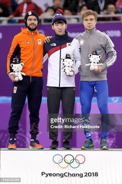 Silver medalist Sjinkie Knegt of the Netherlands, gold medalist Hyojun Lim of Korea and bronze medalist Semen Elistratov of Olympic Athlete from...