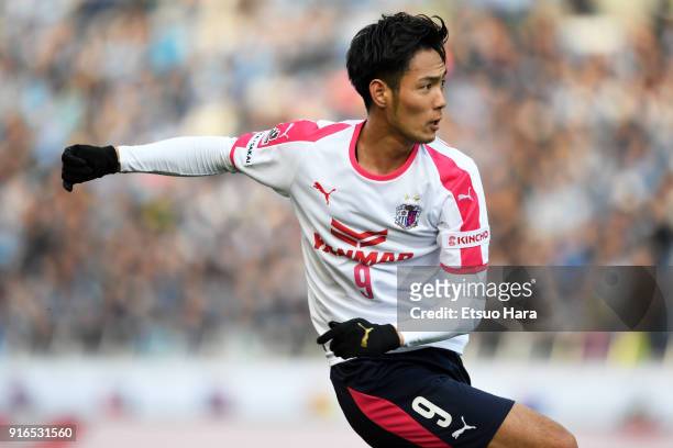 Kenyu Sugimoto of Cerezo Osaka in action during the Xerox Super Cup match between Kawasaki Frontale and Cerezo Osaka at the Saitama Stadium on...