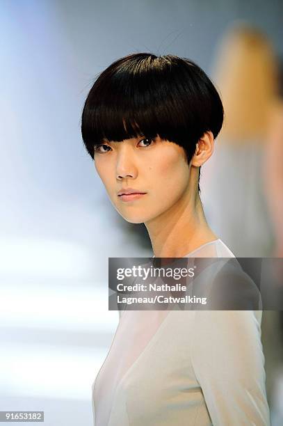 Model walks the runway during the Akris Ready To Wear show as part of the Paris Womenswear Fashion Week Spring/Summer 2010 on October 4, 2009 in...